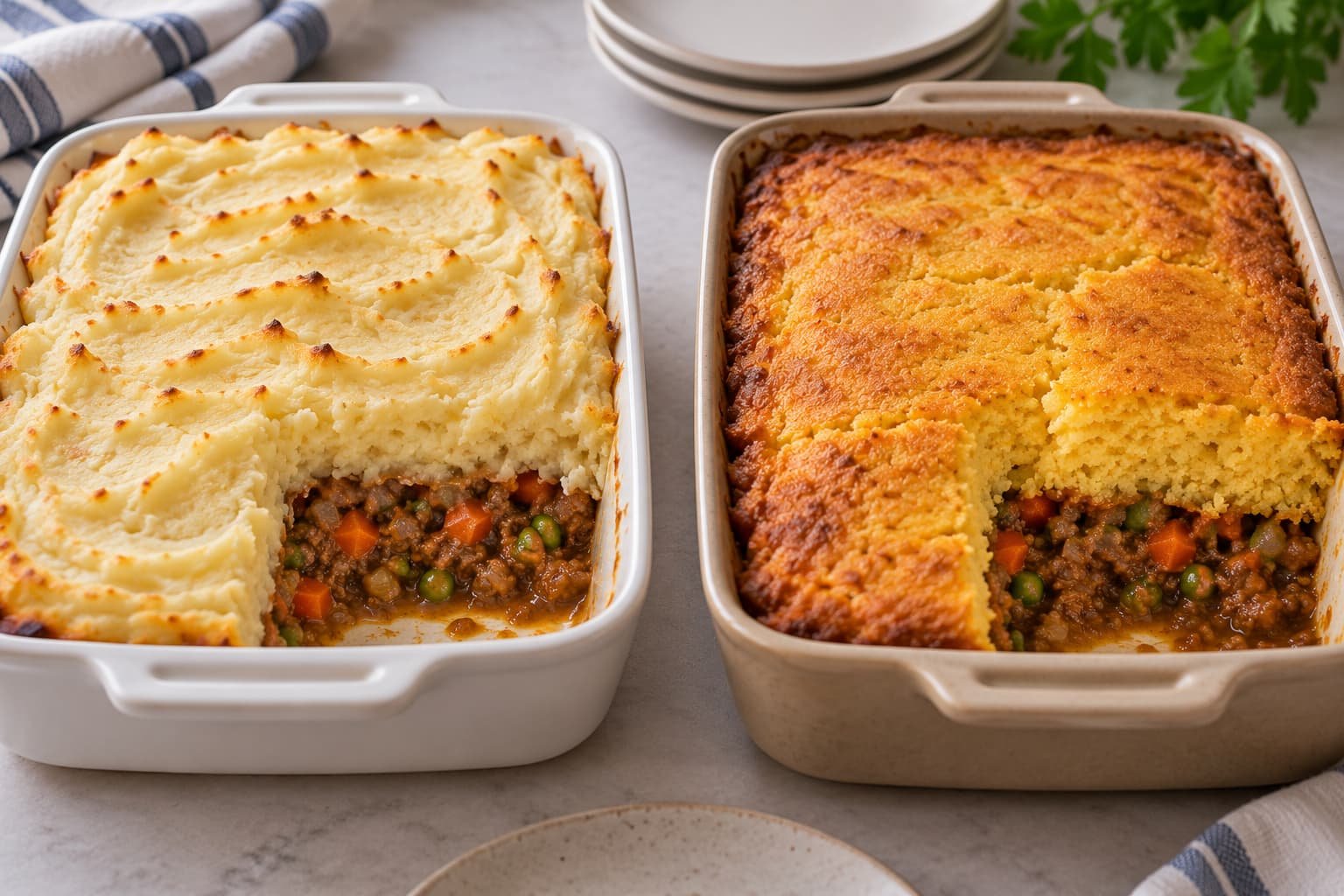 Mashed-potato shepherd’s pie topping compared with a cornbread casserole topping