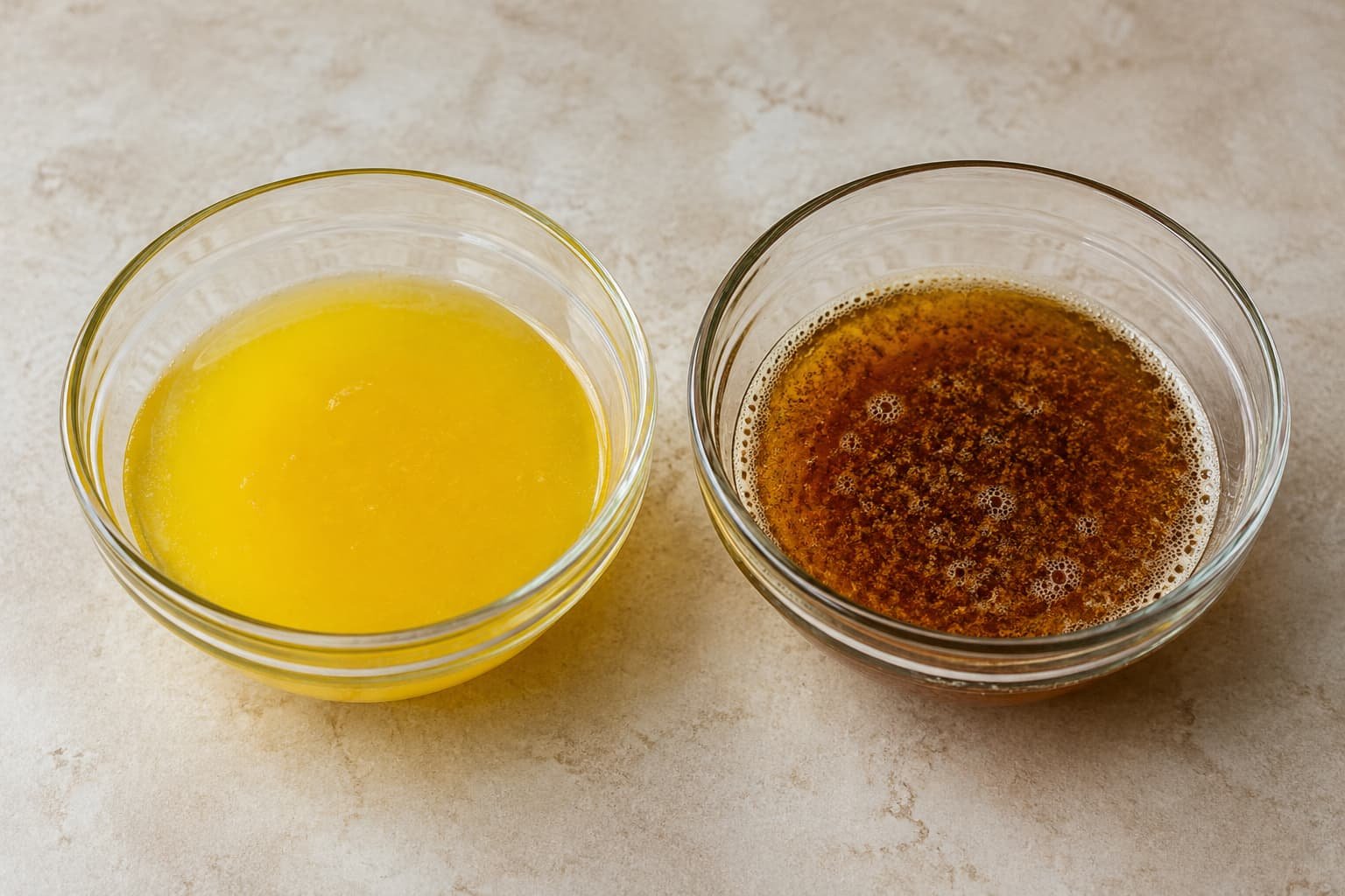 Melted butter beside browned butter showing its darker color and browned milk solids