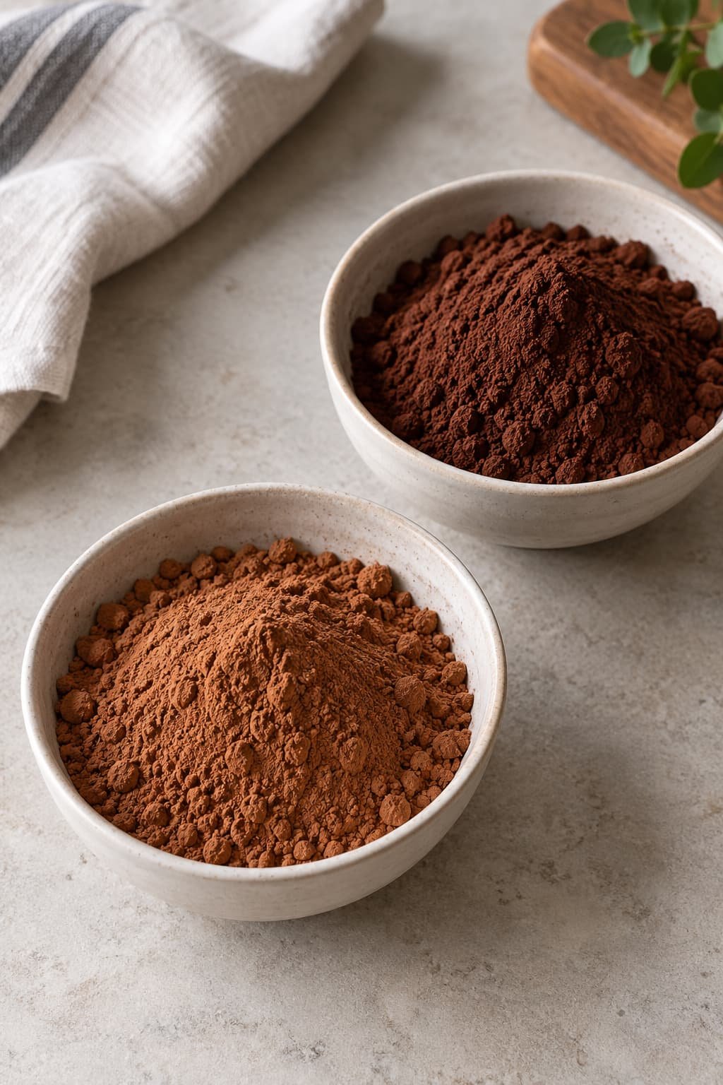 Natural-style cocoa powder and darker Dutch-process-style cocoa in separate bowls
