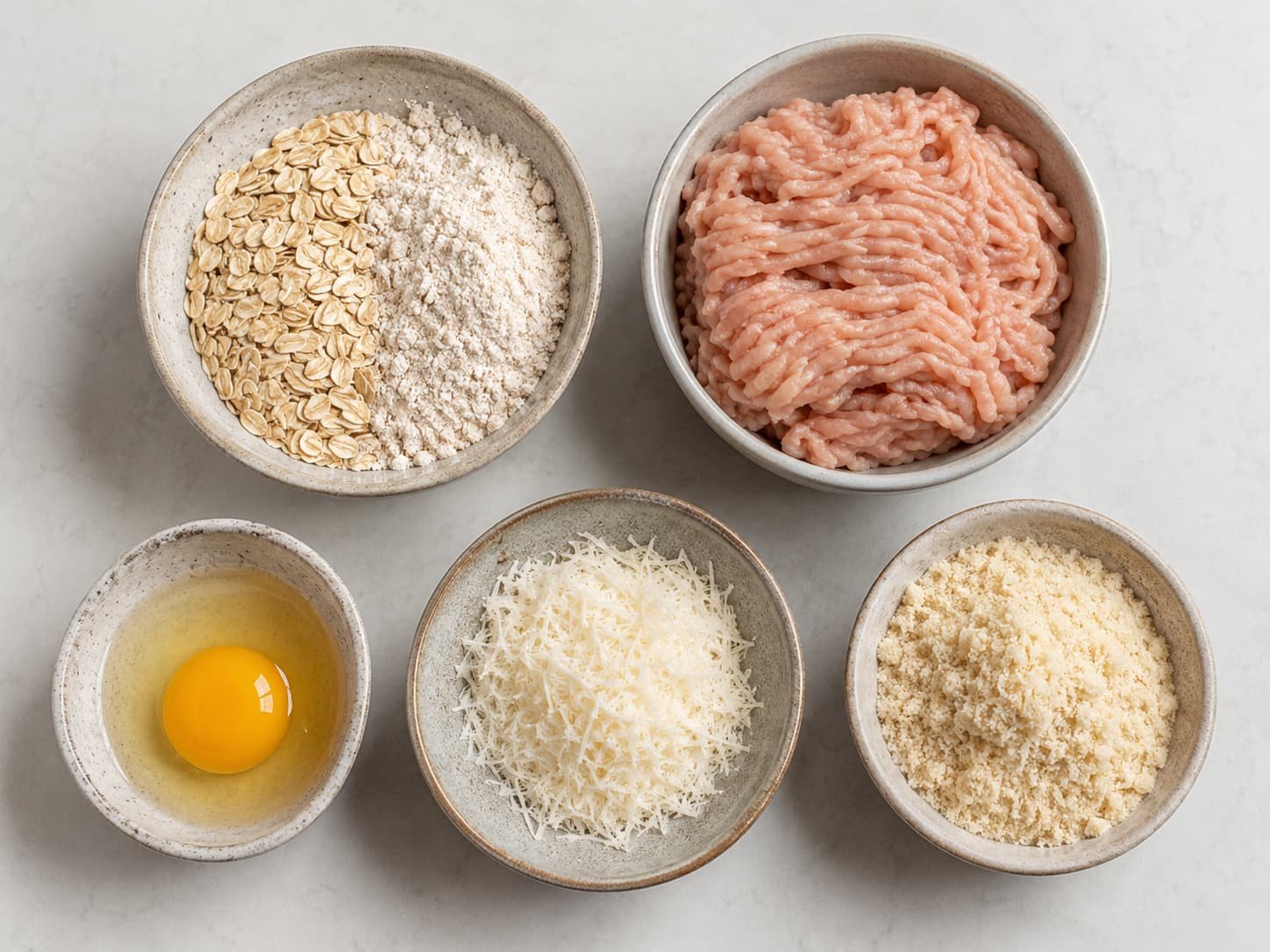 Oats, almond flour, Parmesan, egg, and ground turkey shown as possible breadcrumb-free meatball ingredients