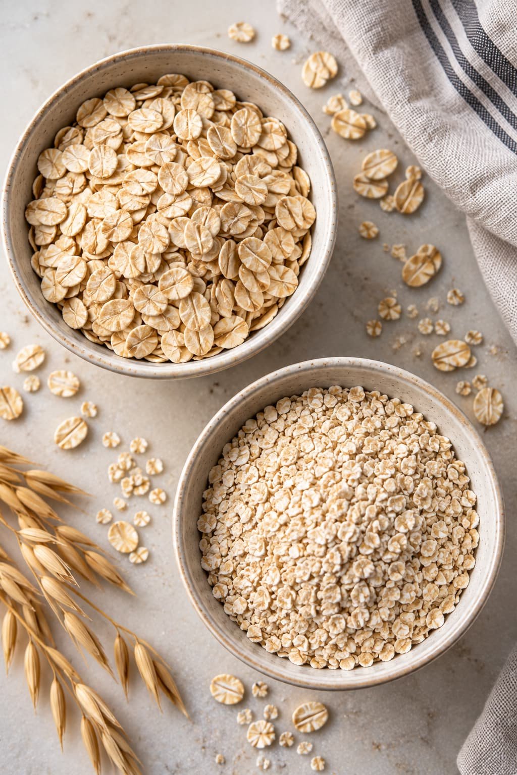 Old-fashioned rolled oats beside finer quick-cooking oats for texture comparison