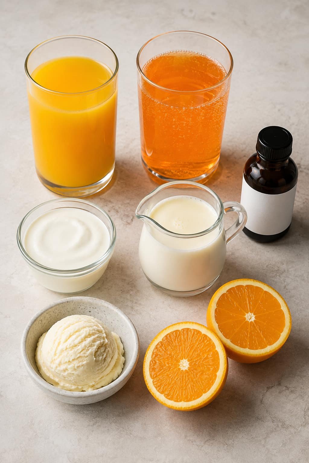 Orange juice, orange soda, vanilla, cream, and ice cream options for a creamsicle-style drink