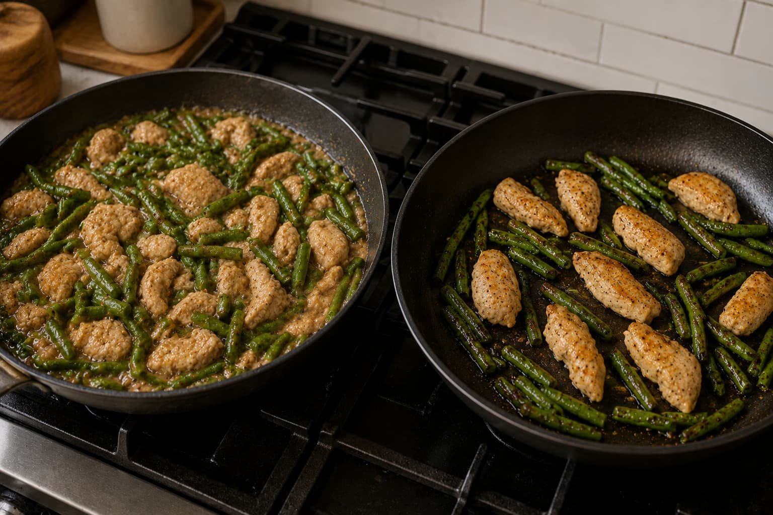Overcrowded and less crowded chicken and green bean skillets showing different amounts of visible moisture
