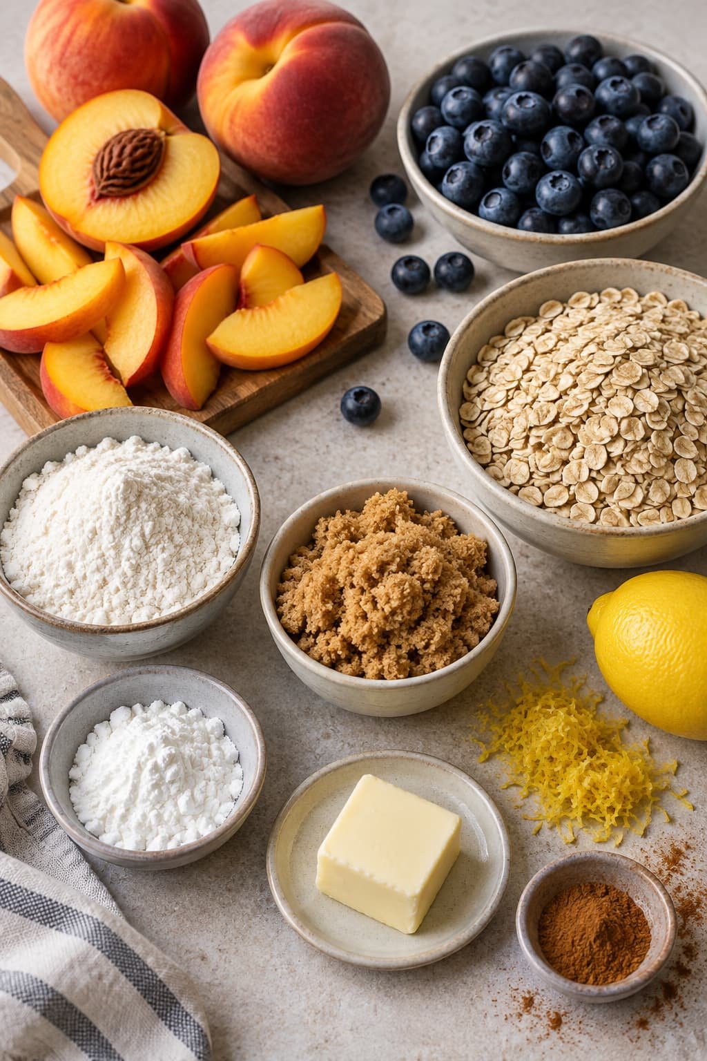 Peaches, blueberries, oats, flour, sugar, butter, cornstarch, and flavoring ingredients used in fruit crisps