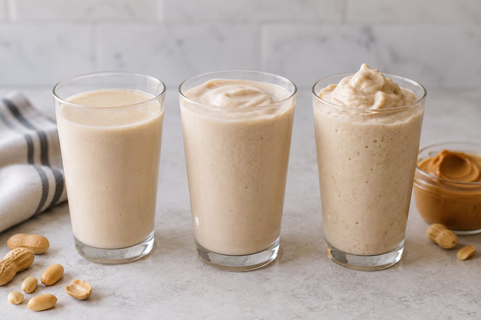 Peanut butter milkshake texture comparison from thinner to thicker consistency