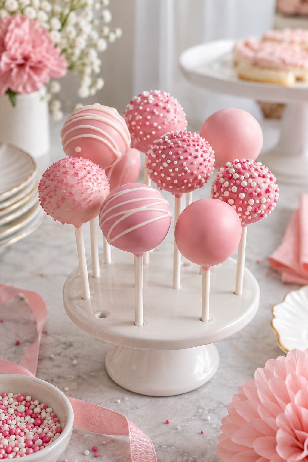 Pink and white cake pops displayed on a simple celebration dessert table