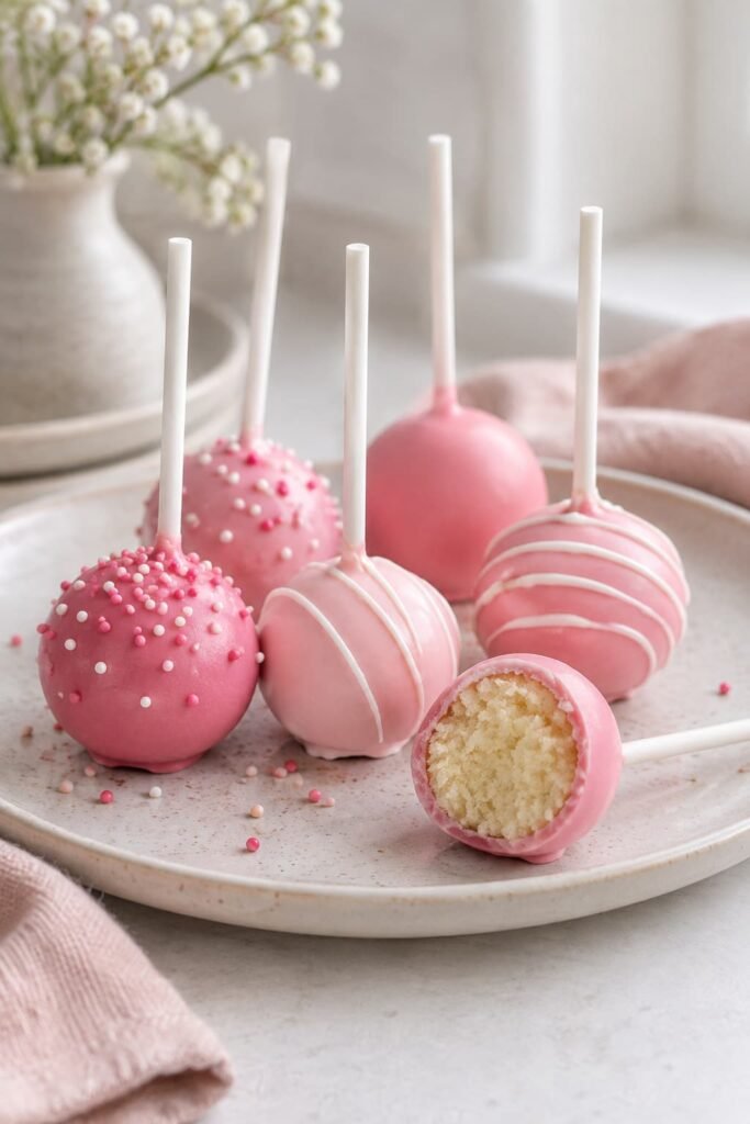 Pink cake pops with blush coatings, white drizzle, and edible sprinkles
