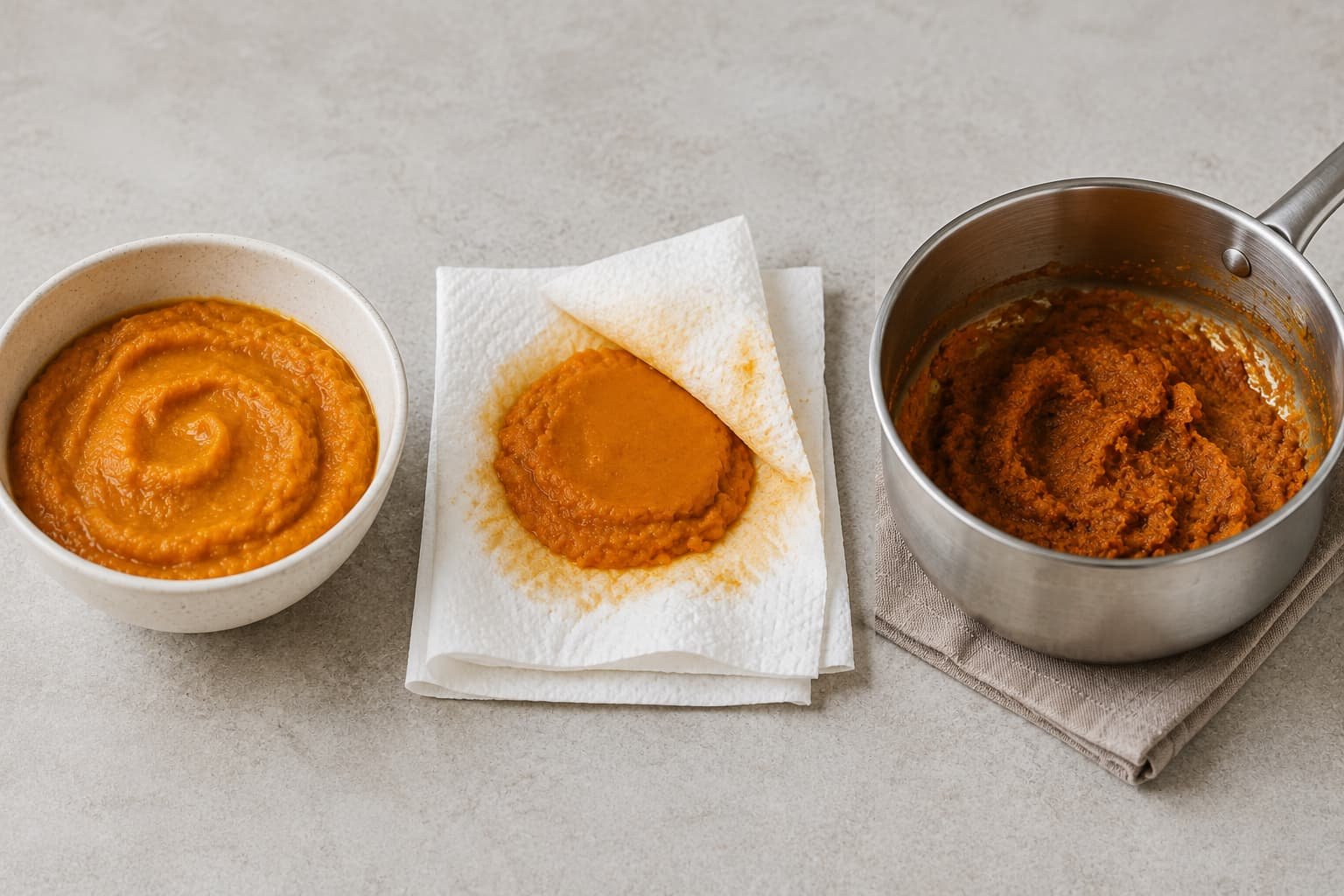 Plain pumpkin puree, blotted pumpkin puree, and thicker cooked-down pumpkin puree shown as moisture-reduction concepts