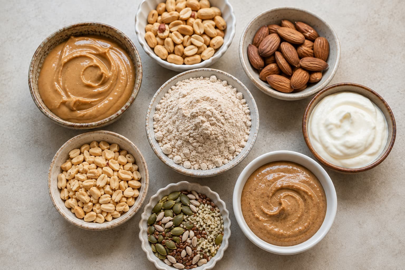 Possible protein sources for cookie dough bites including protein powder, nuts, seeds, and nut butters