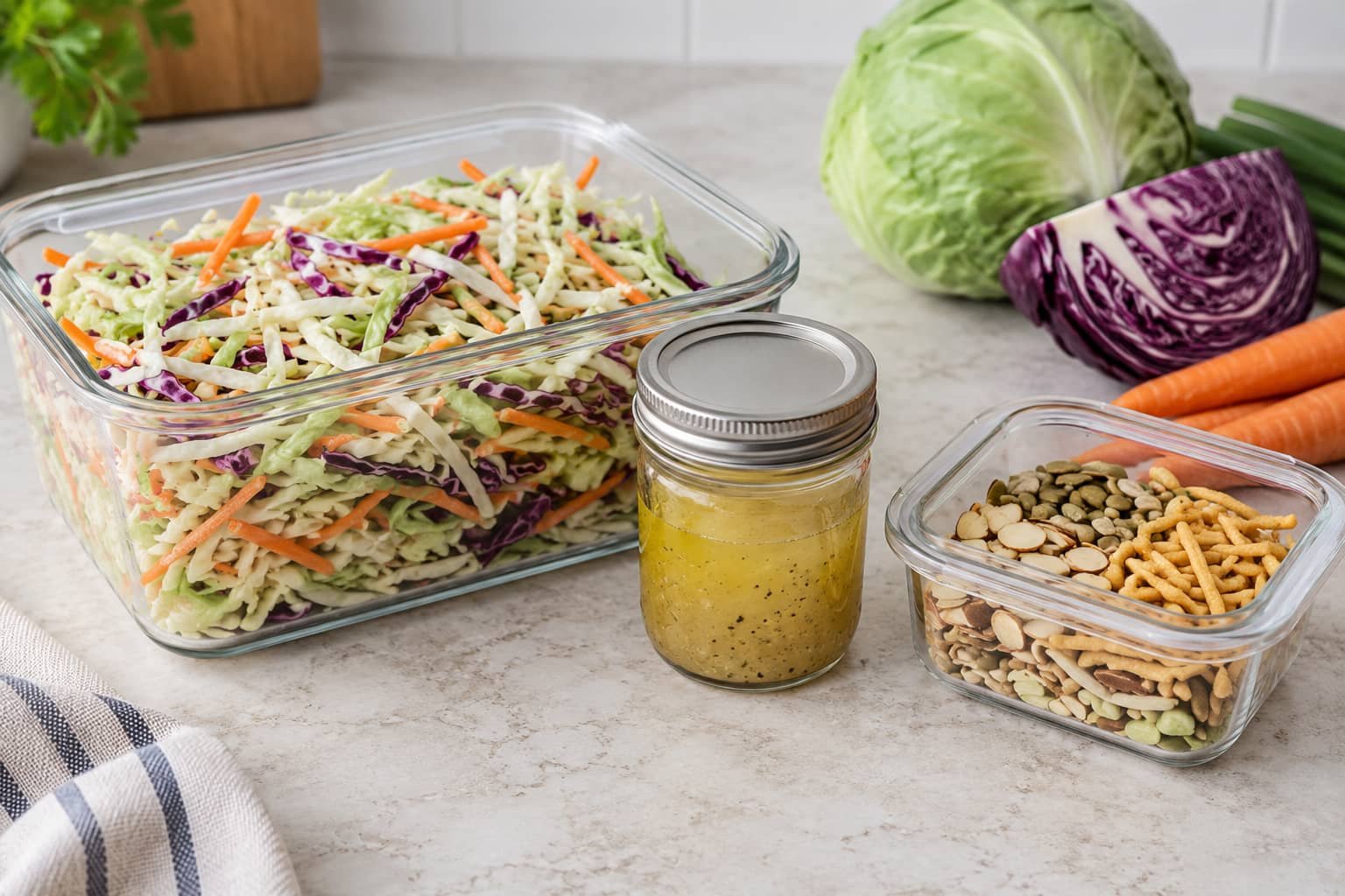 Prepared cabbage and carrots stored separately from dressing and dry crunchy toppings