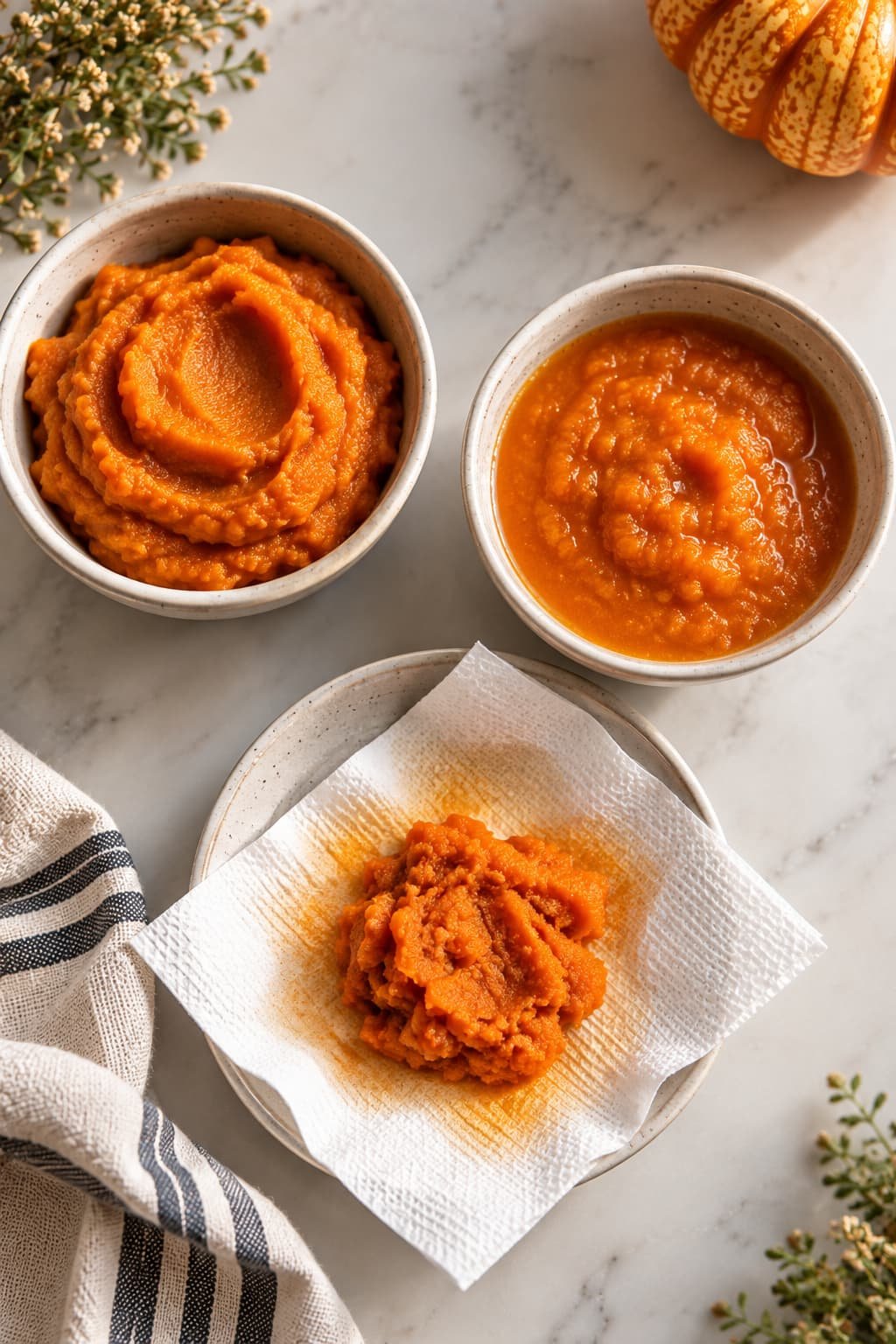 Pumpkin puree shown in thicker, thinner, and blotted forms to illustrate moisture differences