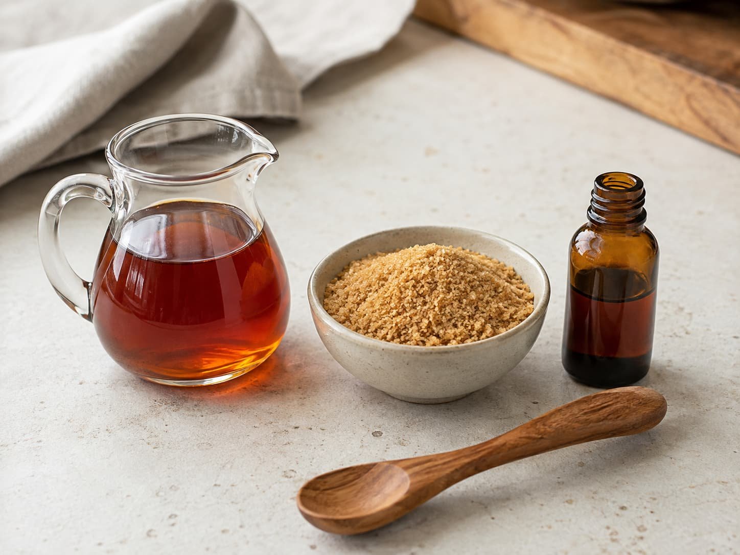 Pure maple syrup, maple sugar, maple flavoring, and common ingredients used in maple treats.