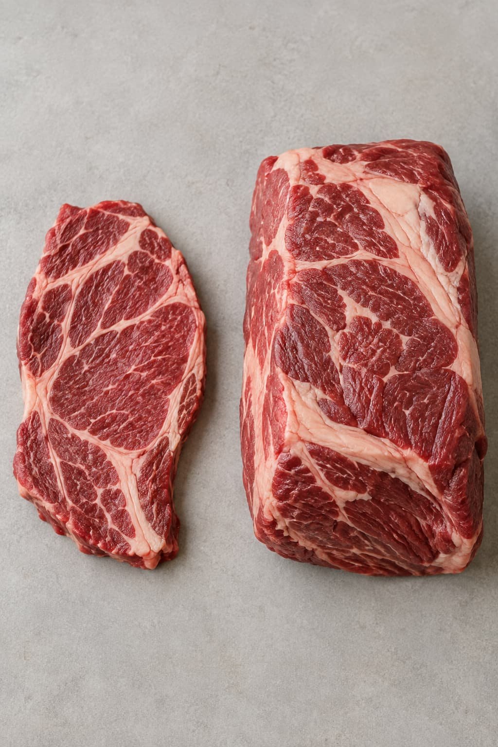 Raw chuck steak beside a larger, thicker chuck roast for size comparison