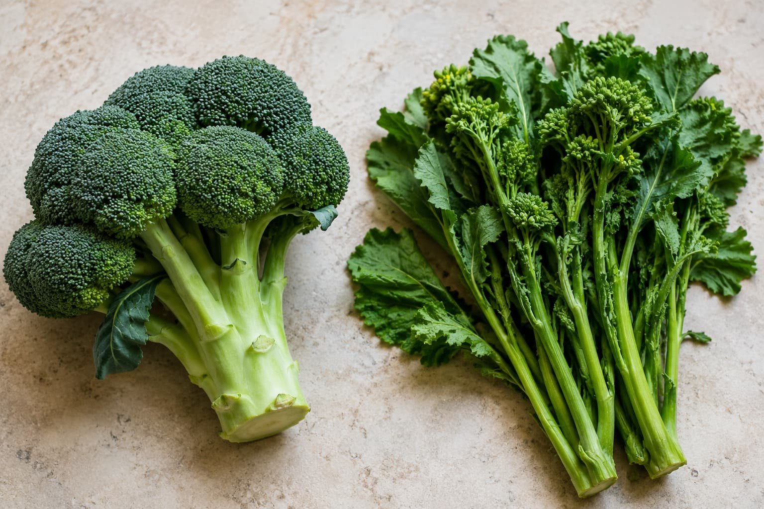 Regular broccoli beside leafy broccoli rabe with slender stems and small buds