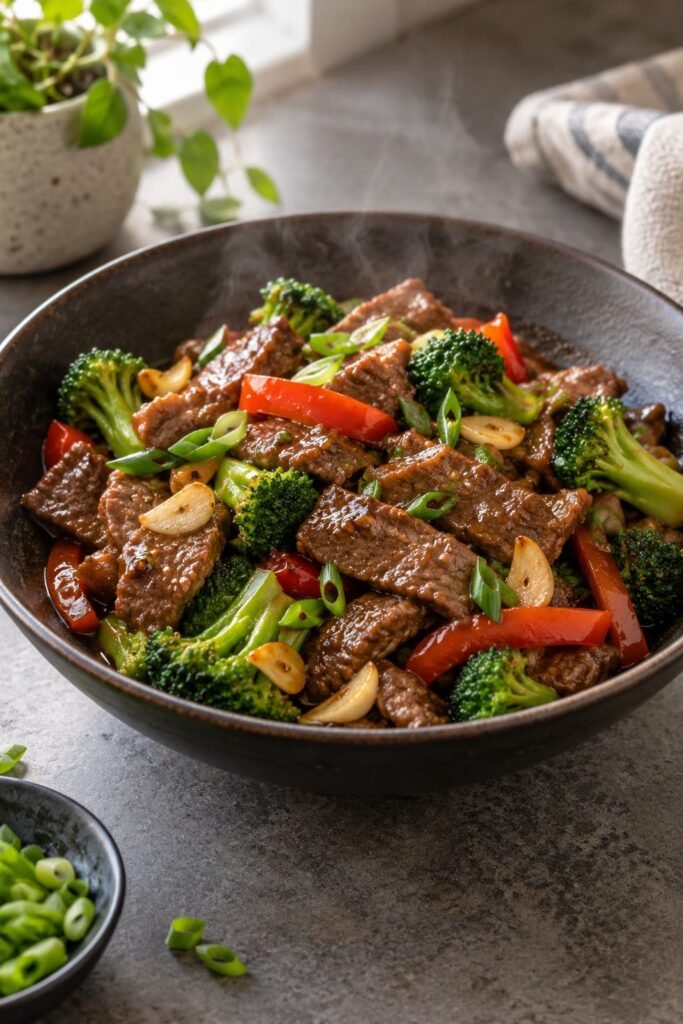Representative beef stir-fry with garlic, vegetables, and a savory brown sauce