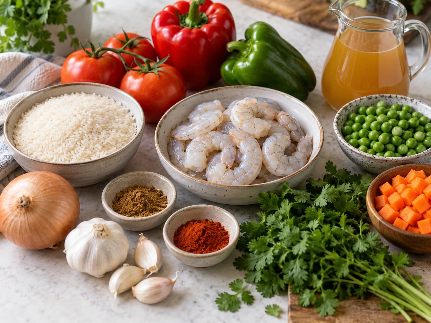 Rice, shrimp, vegetables, aromatics, and seasonings used in Colombian-style shrimp and rice