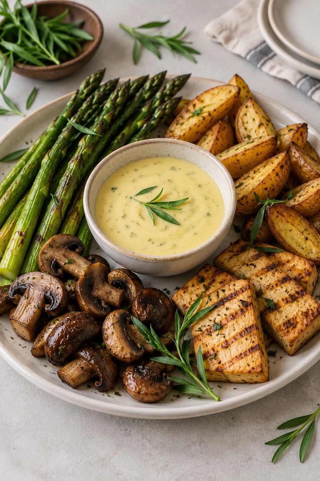 Roasted vegetables, potatoes, mushrooms, and tofu served with a plant-based tarragon sauce