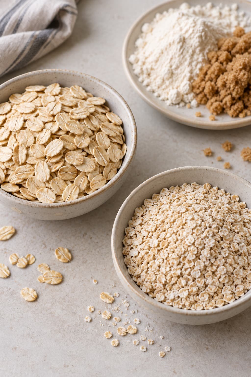 Rolled oats and quick oats showing their different flake sizes for crisp toppings