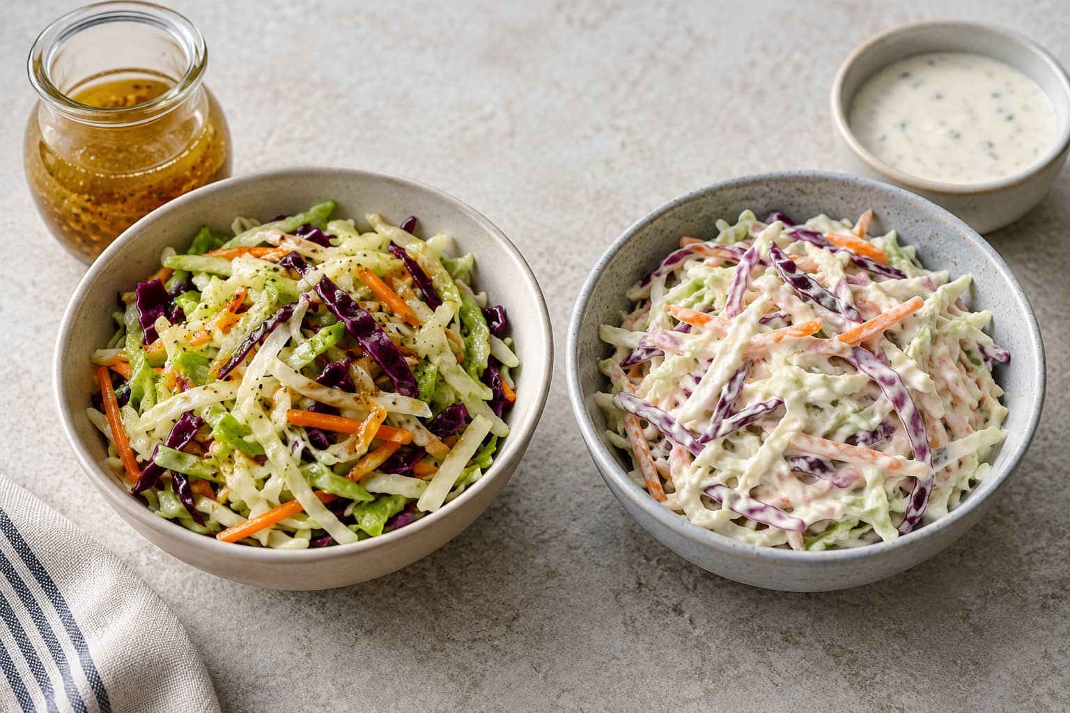 Shredded cabbage with a light vinaigrette compared with cabbage coated in a creamy dressing