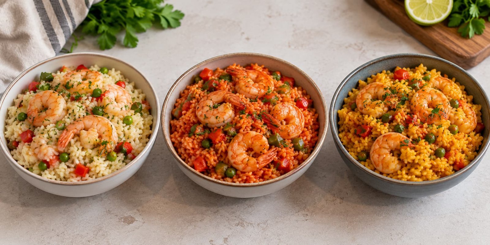 Shrimp and rice shown in pale, reddish, and golden color variations
