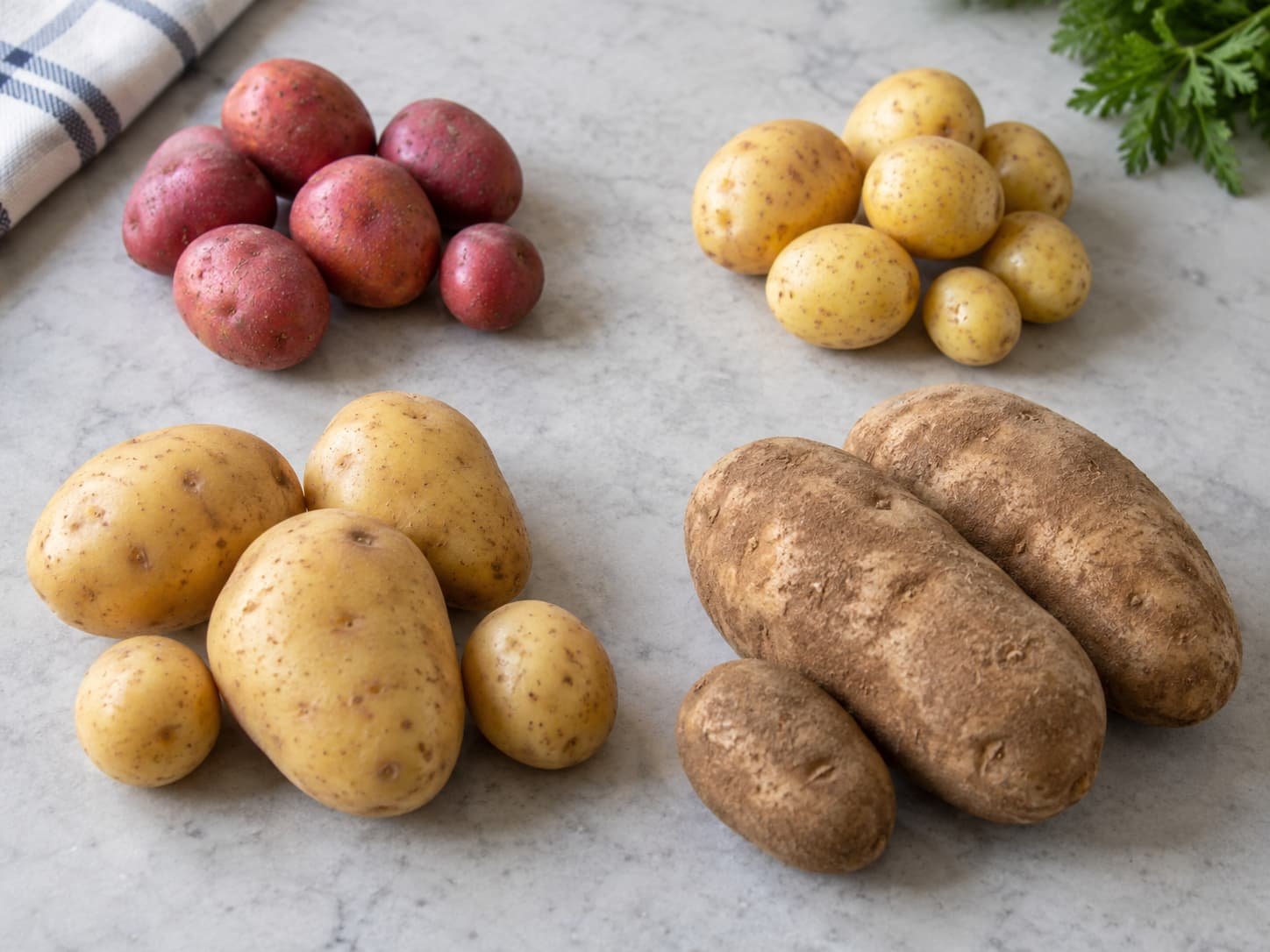 Small red and yellow potatoes, Yukon Gold potatoes, and russet potatoes shown for comparison