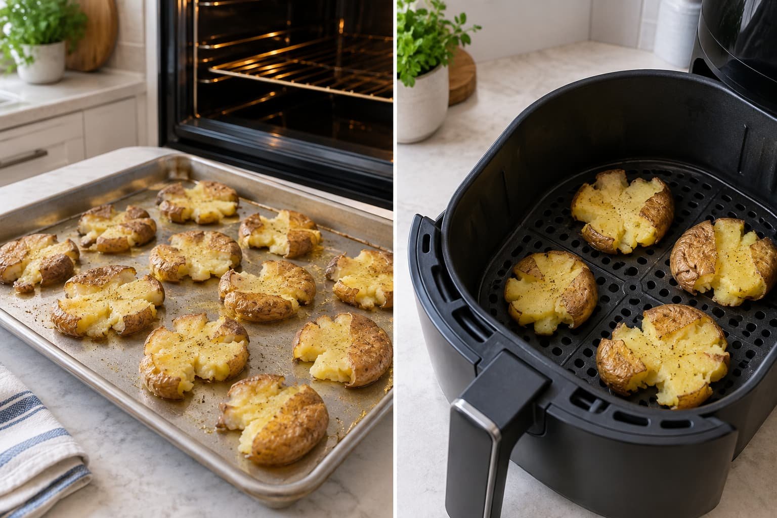 Smashed potatoes arranged on a baking sheet and in an air-fryer basket for method comparison