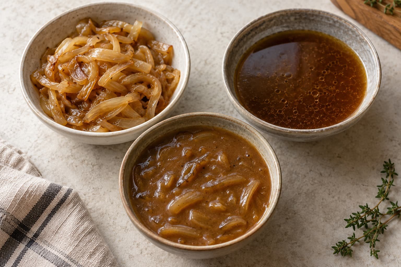Softened onions, braising liquid, and thicker onion gravy shown as separate texture examples
