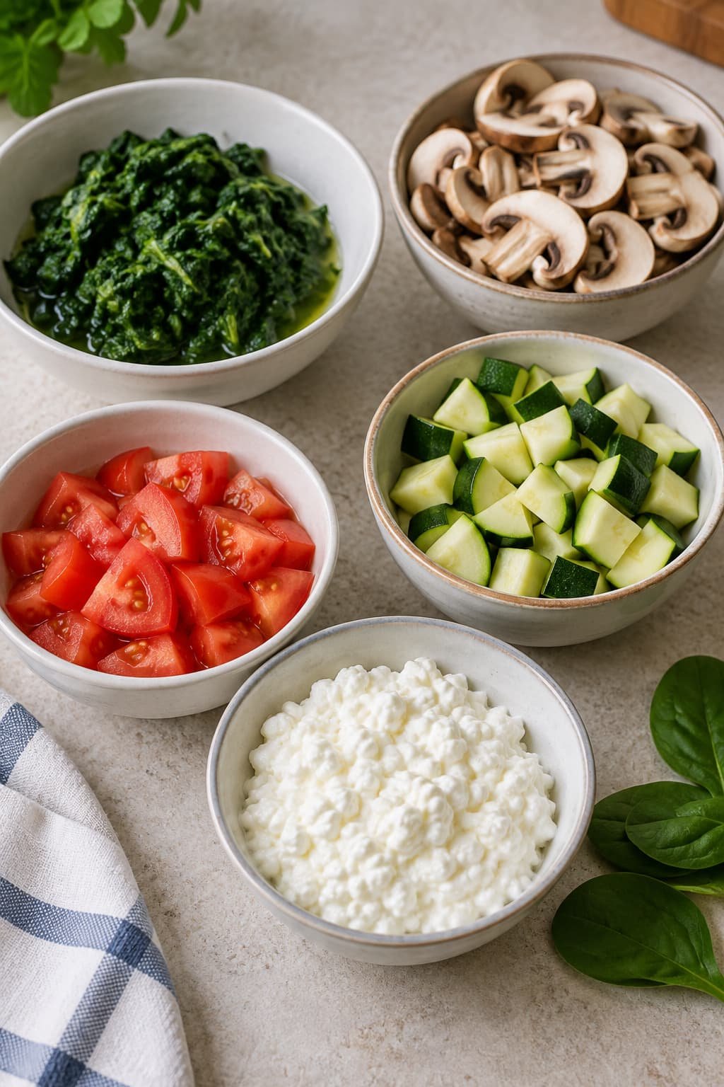 Spinach, cottage cheese, mushrooms, zucchini, and tomatoes shown as possible moisture sources in an egg bake