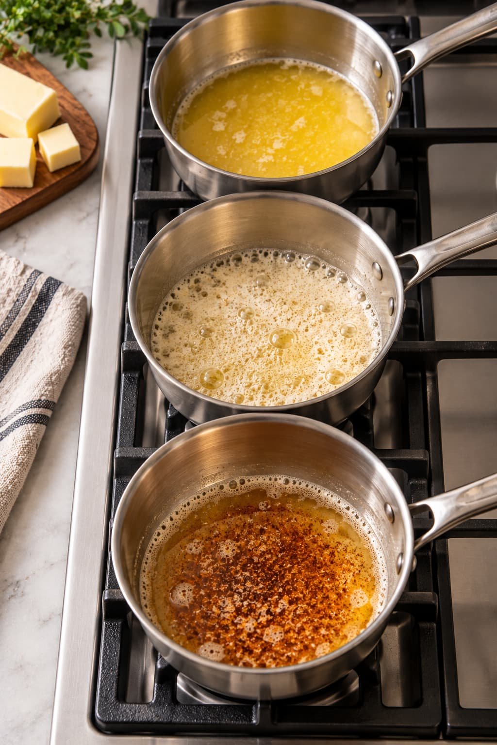Stages of butter browning from melted and foaming butter to browned milk solids