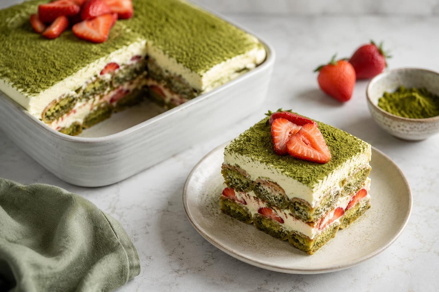 Strawberry matcha tiramisu-style layered dessert with matcha, cream, ladyfingers, and strawberries