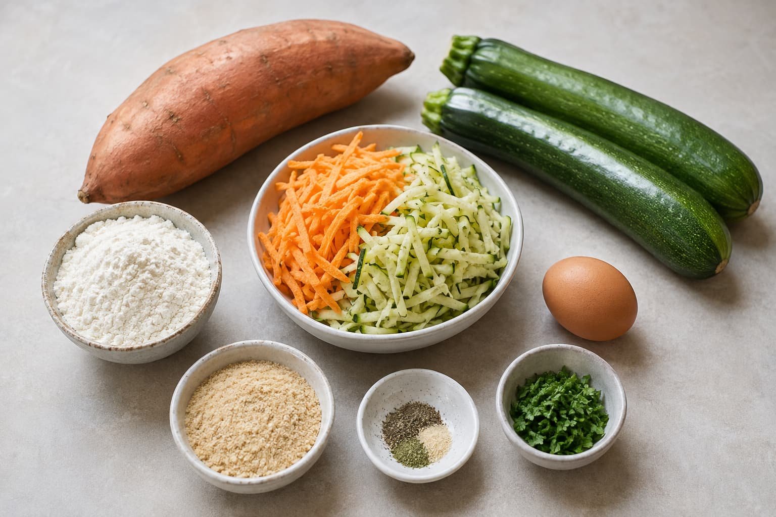 Sweet potato, zucchini, egg, dry binders, herbs, and seasonings commonly used in vegetable fritters
