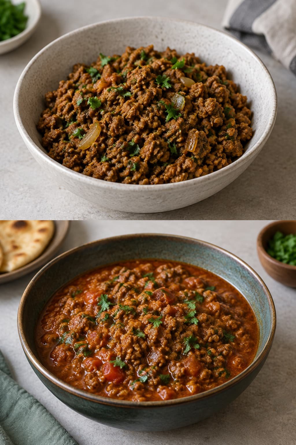 Thick semi-dry lamb keema and a more saucy ground lamb curry shown as two different styles