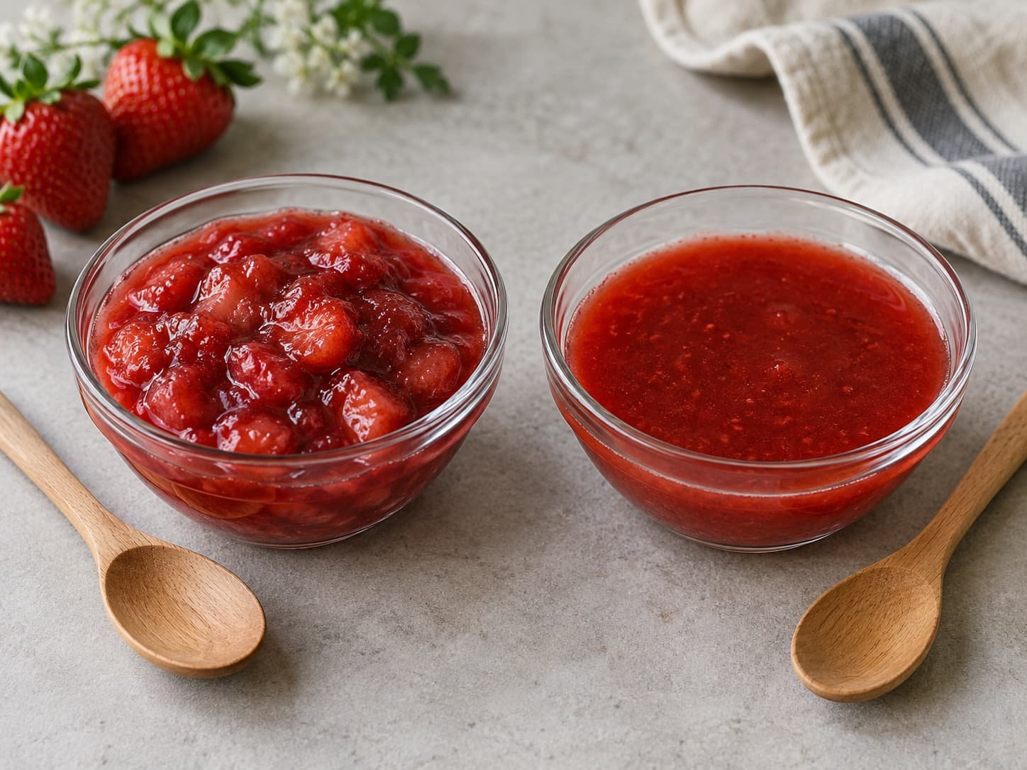 Thick strawberry cupcake filling beside a thinner strawberry sauce for consistency comparison