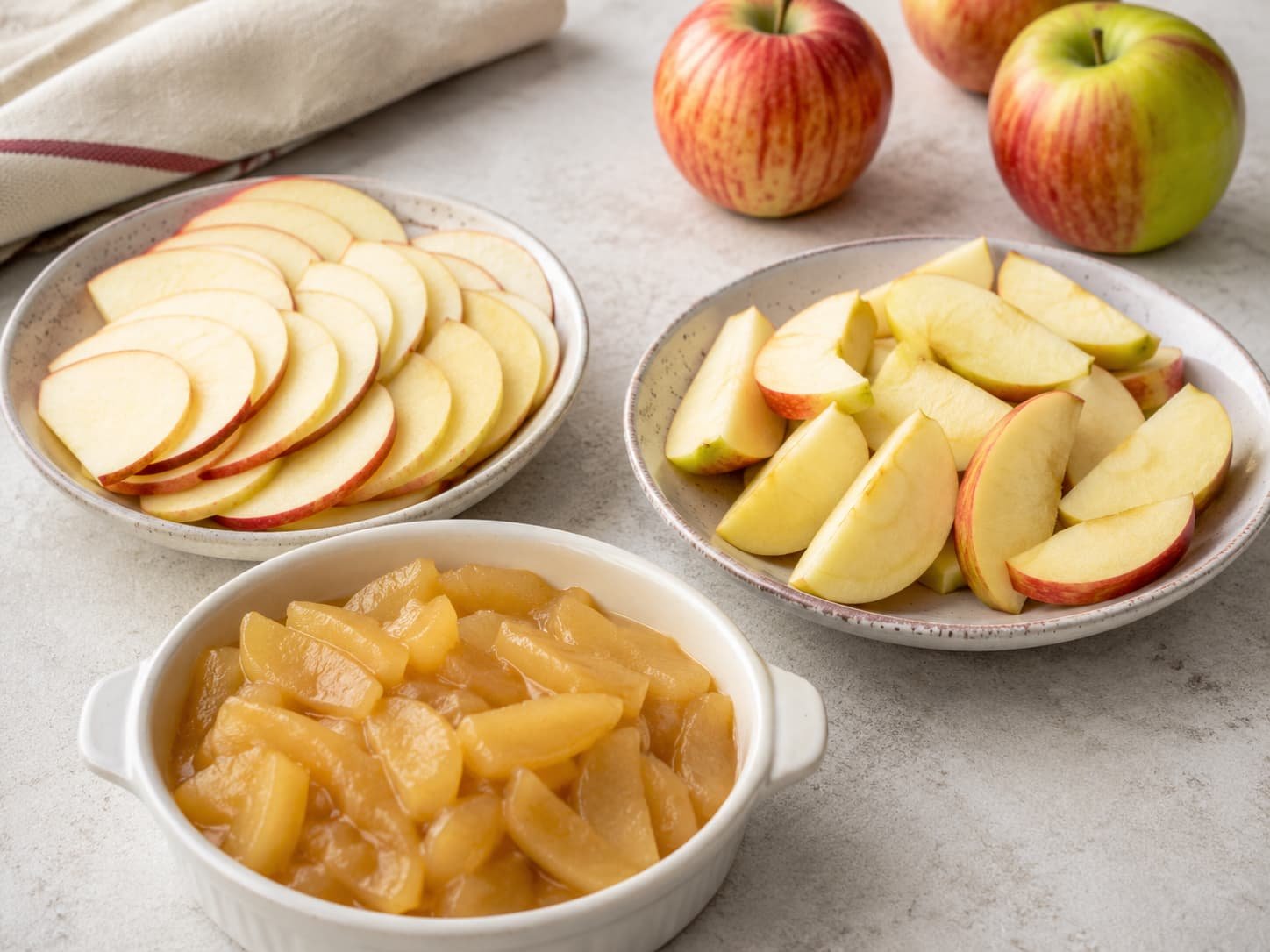 Thin apple slices, thicker wedges, and baked apple pieces shown for texture comparison