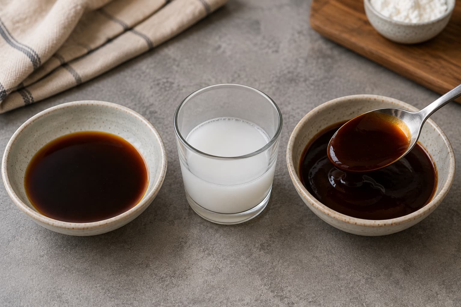 Thin stir-fry sauce, cornstarch slurry, and thicker sauce shown for consistency comparison