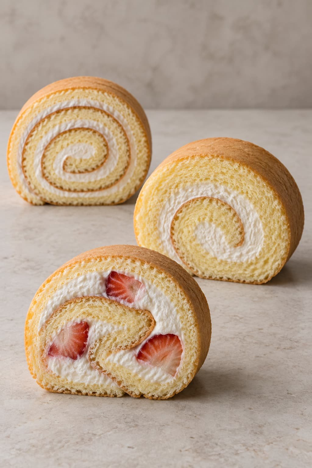 Three cake roll cross-sections showing how sponge thickness and filling distribution affect the spiral.