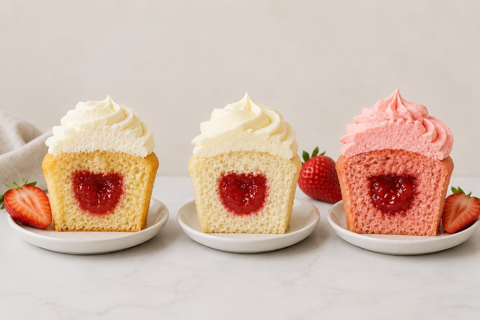Three cupcake base and frosting combinations with strawberry centers shown in cutaway view