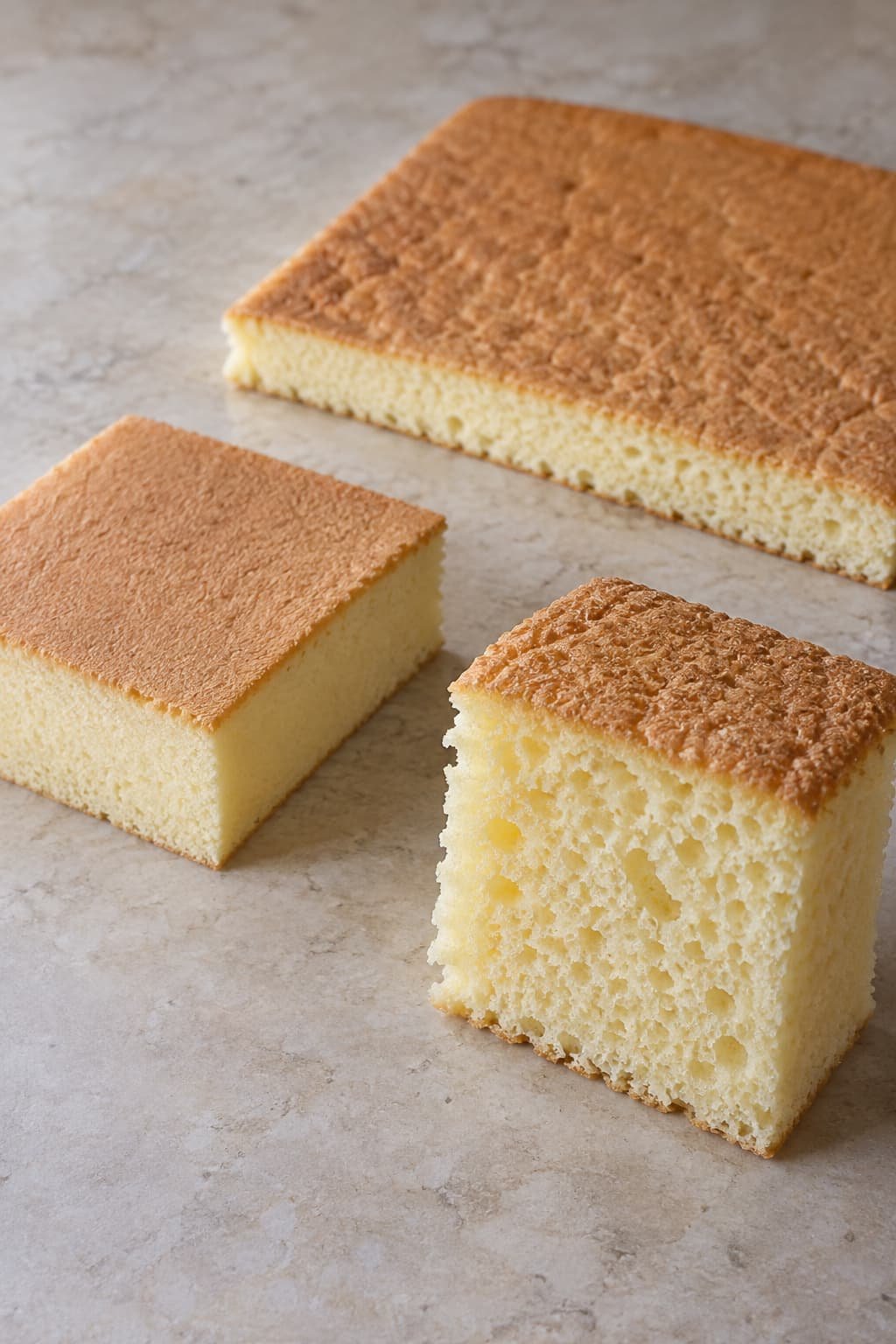 Three plain sponge cake samples showing different crumb structures used in rolled cakes.