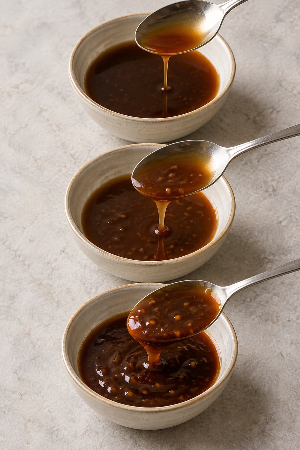 Three stir-fry sauce consistencies ranging from thin to more heavily thickened