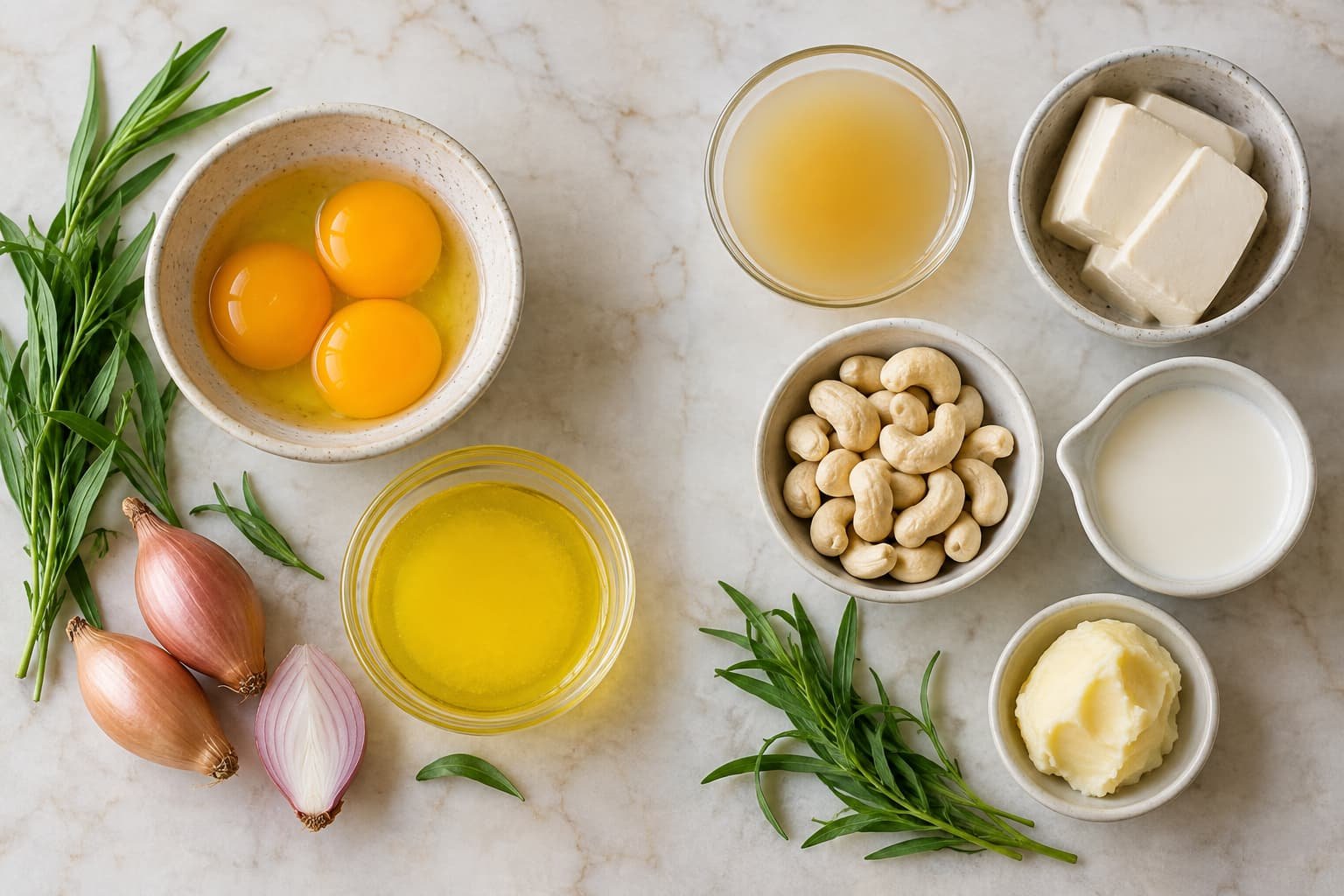 Traditional béarnaise ingredients beside possible plant-based alternatives such as aquafaba, tofu, and cashews