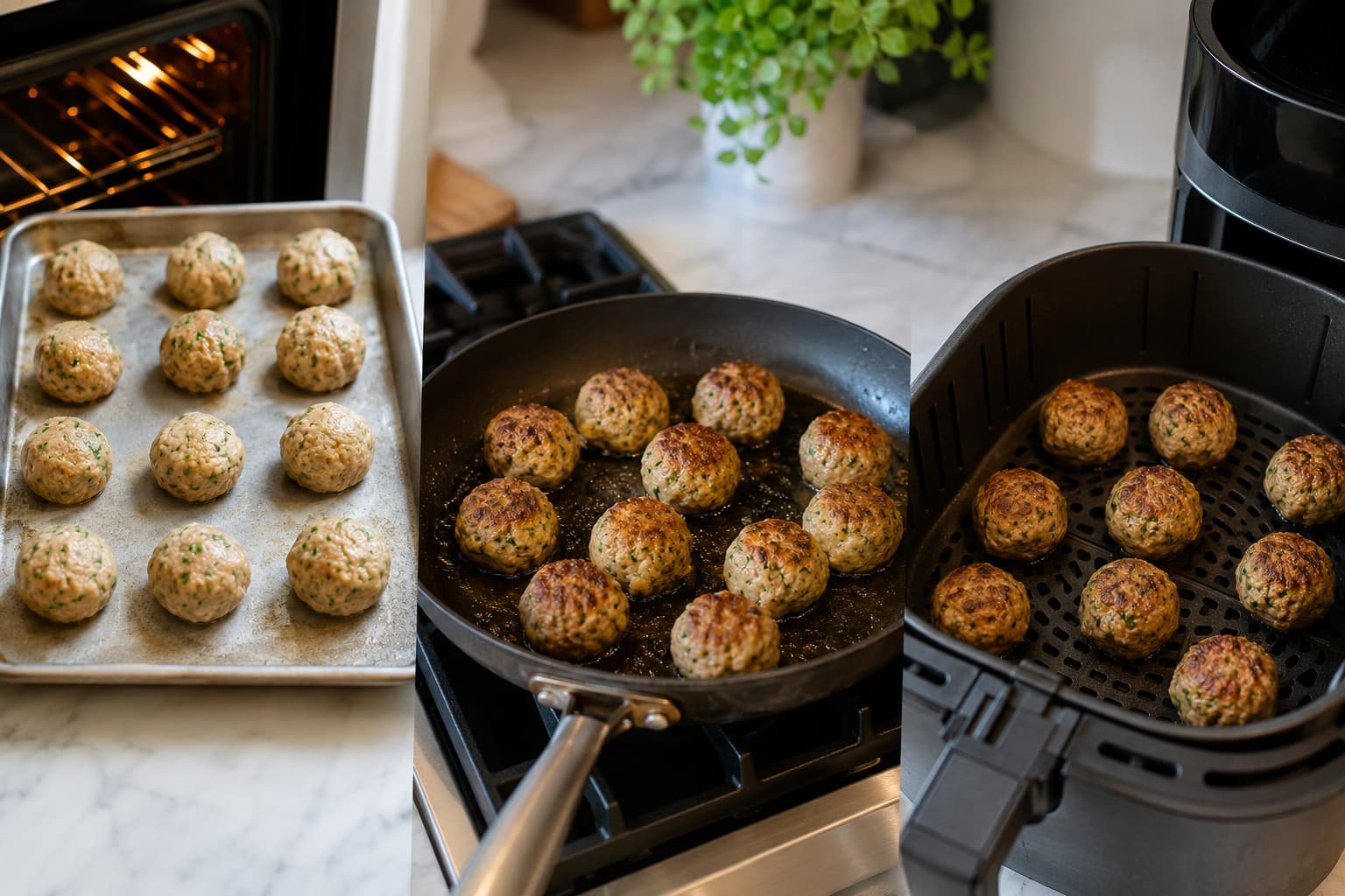 Turkey meatballs shown in baking, skillet, and air-fryer cooking setups