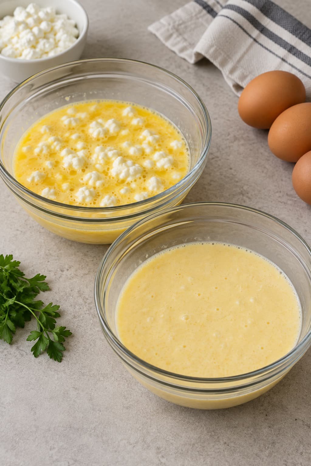 Unblended and blended cottage cheese mixed with eggs shown as two preparation options