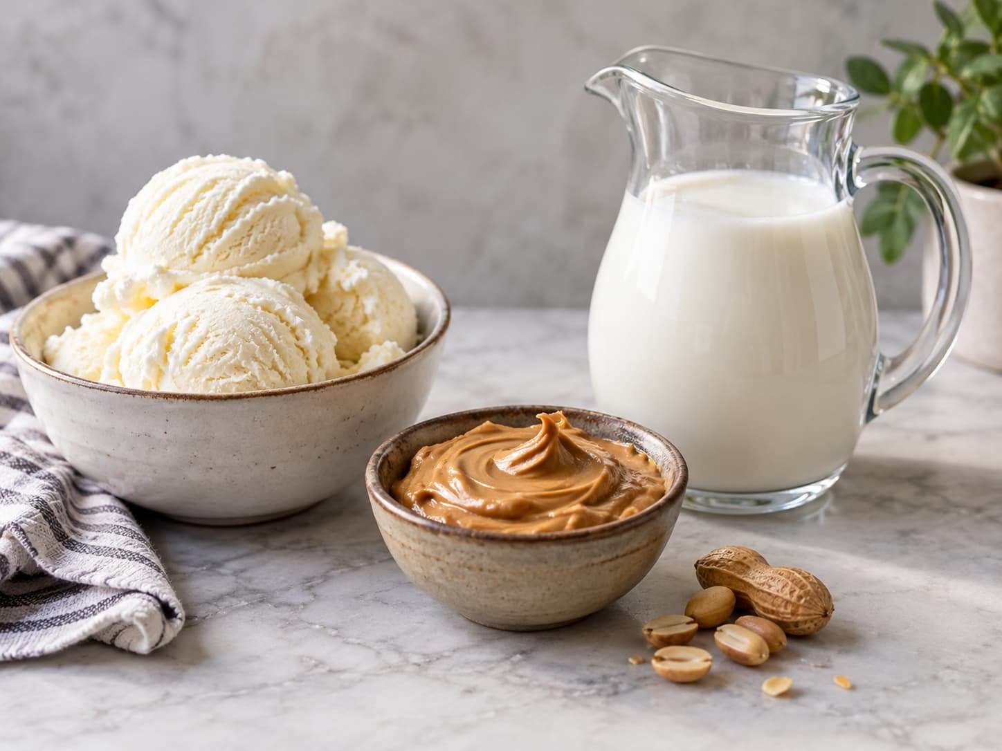 Vanilla ice cream, peanut butter, and milk commonly used in a peanut butter milkshake