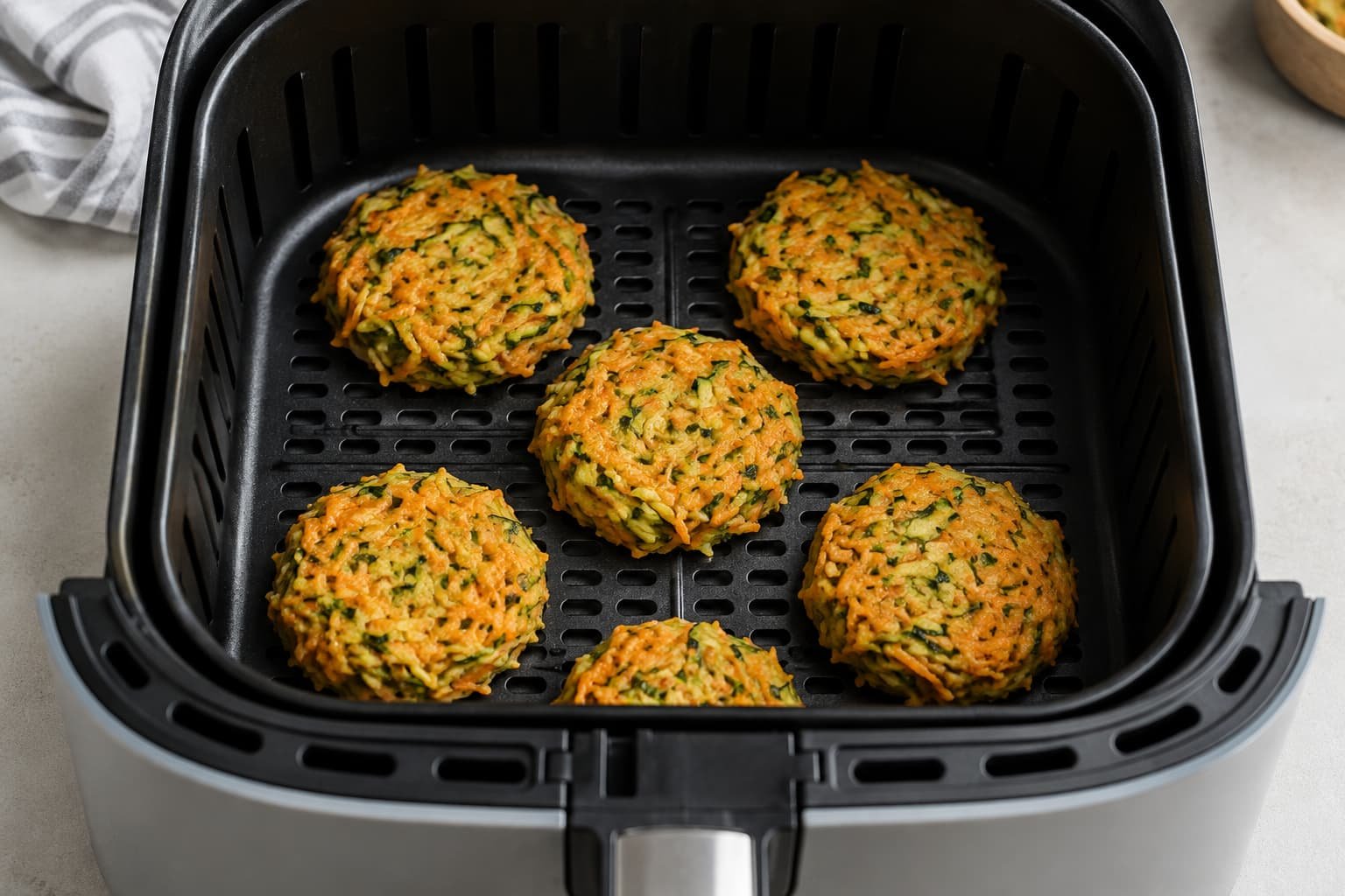 Vegetable fritter patties spaced apart in a single layer inside an air fryer basket