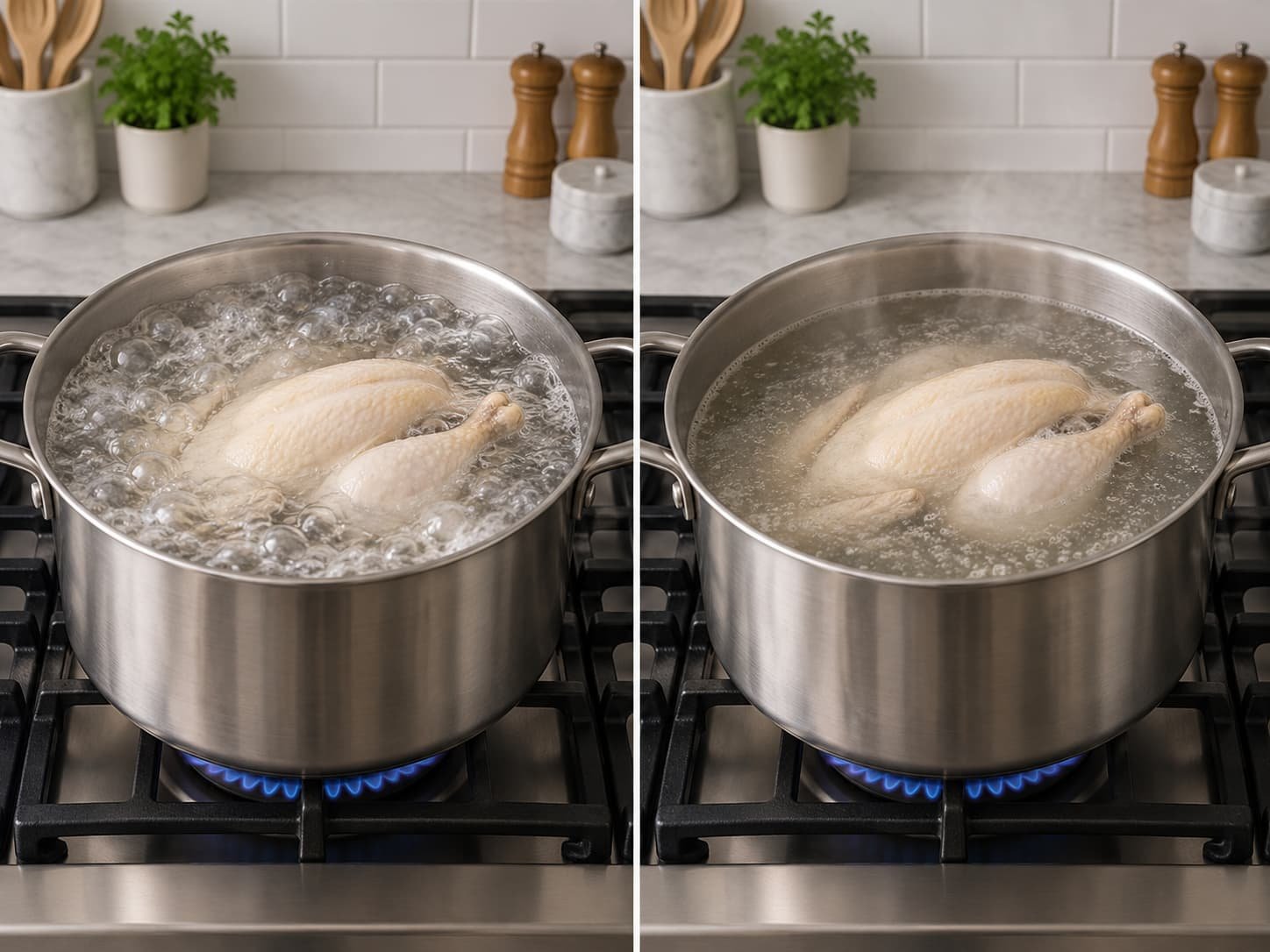 Visual comparison of a rolling boil and a gentle simmer for cooking chicken
