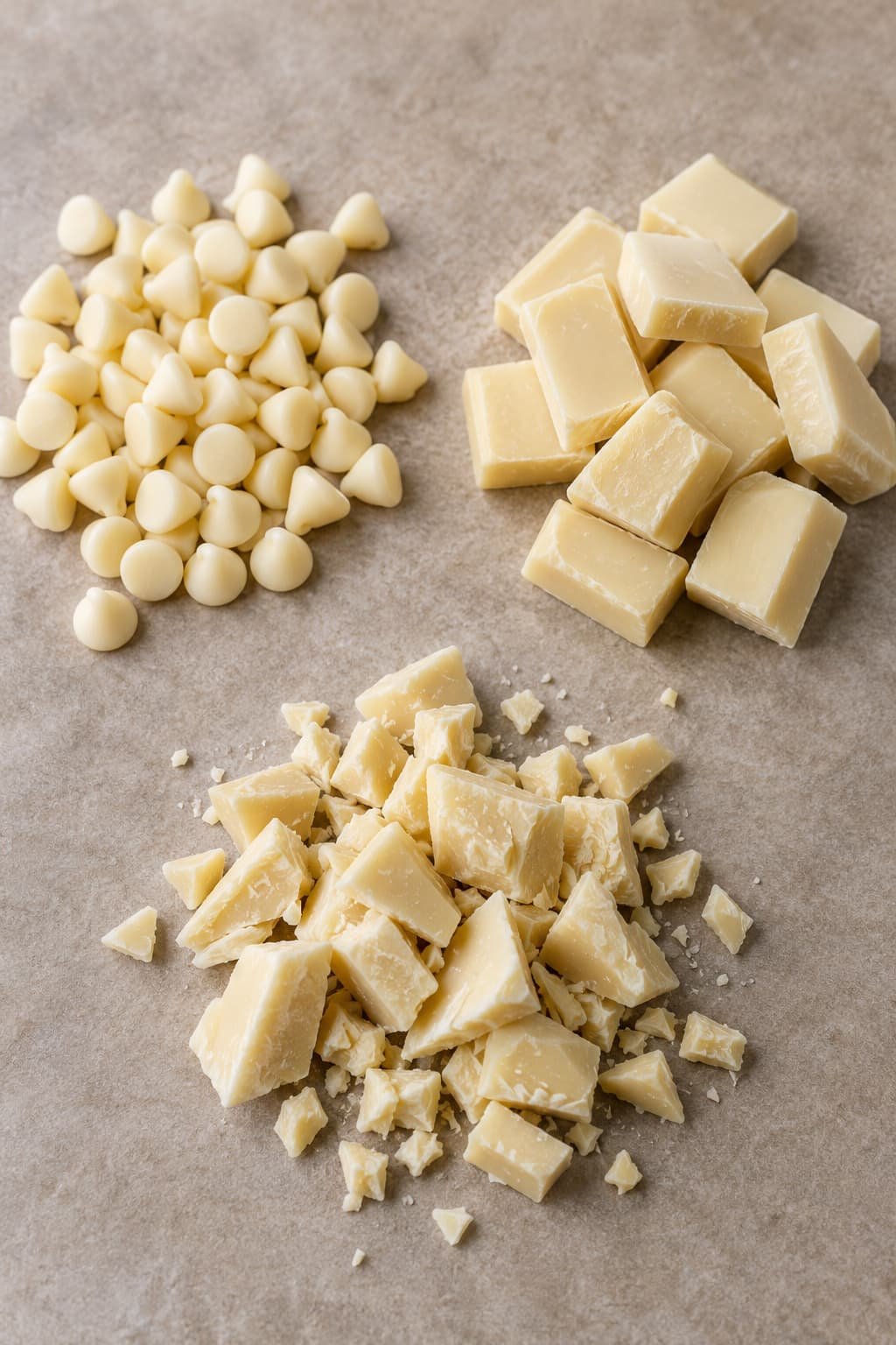 White chocolate chips, larger chunks, and irregular chopped white chocolate pieces