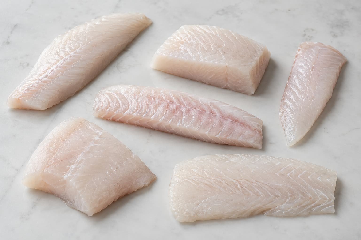 White fish fillets with different thicknesses and shapes for tempura