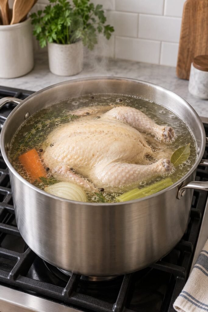 Whole chicken simmering in a large pot on the stove