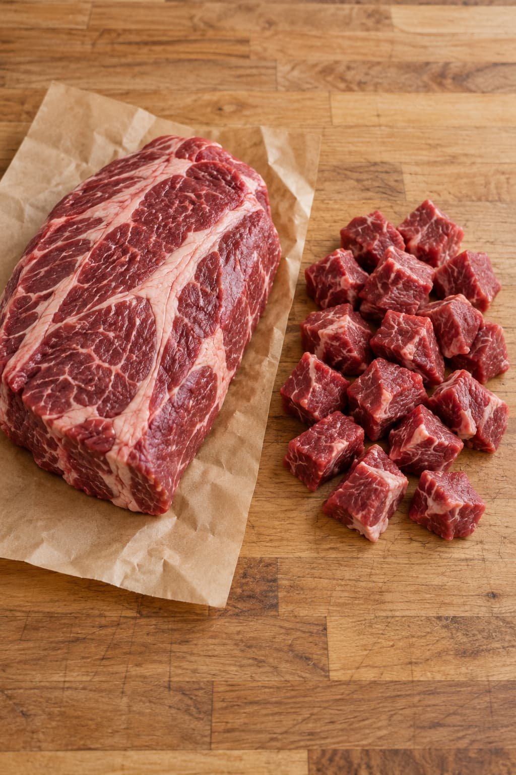 Whole chuck roast beside pre-cut beef pieces commonly sold as stew meat