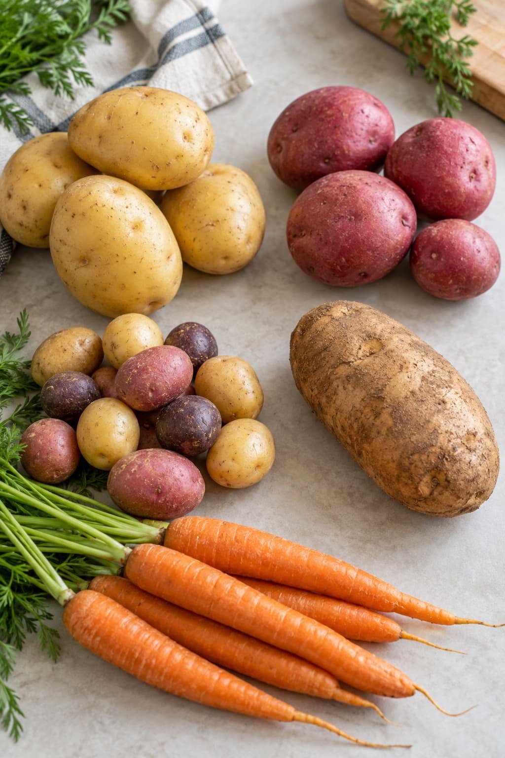Yukon Gold, red, baby, and russet potatoes with carrots for chicken pot roast